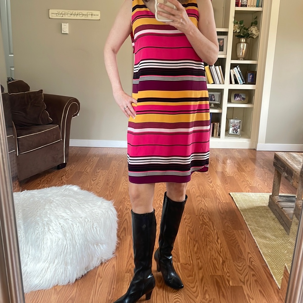 NWT CeCe Pink Black Orange Multicolor Stripe Sleeveless V-Neck Shift Dre…